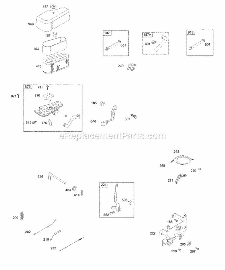 Air Cleaner Fuel Lines Controls Springs Links Diagram and Parts List for 28W707-0121-E1  Briggs and Stratton Engine